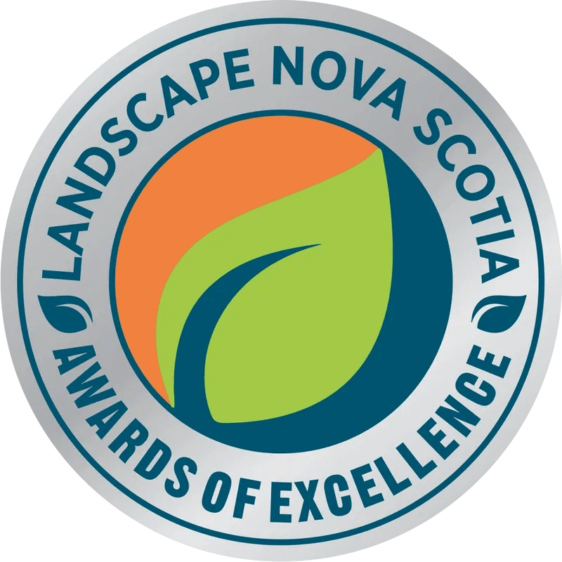 Circular emblem with the text "Landscape Nova Scotia Awards of Excellence" around the edge, featuring a graphic with green and orange shapes resembling leaves.