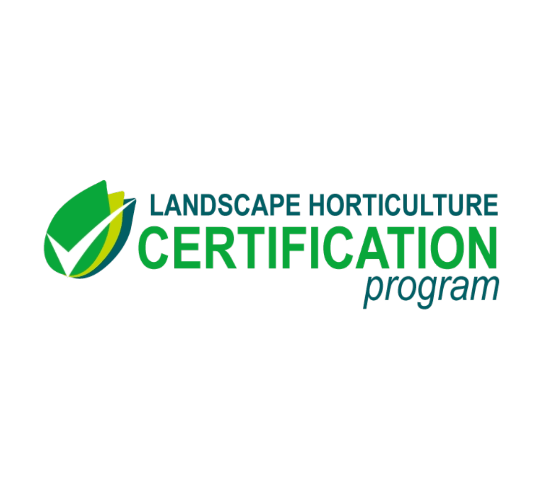 The image is a logo for the "Landscape Horticulture Certification Program" featuring a green leaf design encapsulated in a partial circle next to the text.