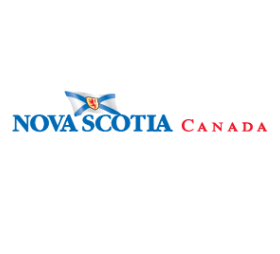 The image shows a logo with the text "NOVA SCOTIA CANADA" in blue and red, with a stylized blue flag featuring a shield and lion above the text.