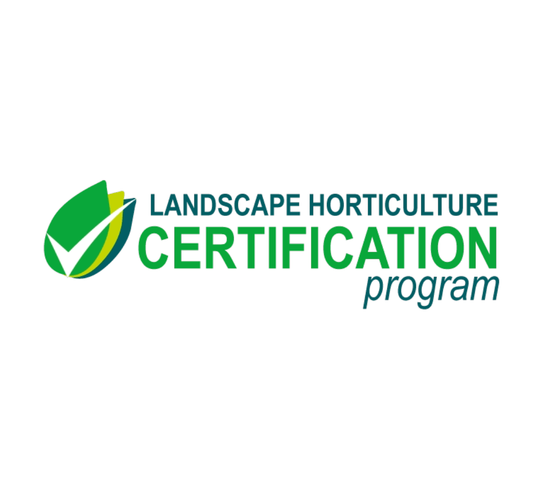 The image displays a logo for the Landscape Horticulture Certification Program, featuring stylized green leaves and typography on a black background.